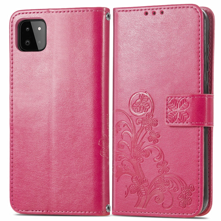 For Samsung Galaxy A22 5G Four-leaf Clasp Embossed Buckle Mobile Phone Protection Leather Case with Lanyard & Card Slot & Wallet & Bracket Function