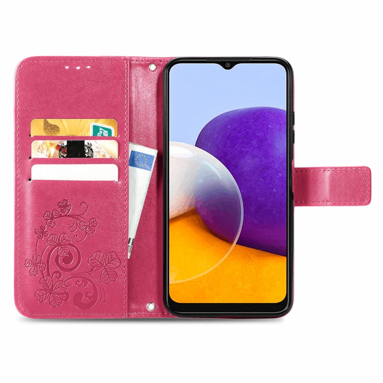 For Samsung Galaxy A22 5G Four-leaf Clasp Embossed Buckle Mobile Phone Protection Leather Case with Lanyard & Card Slot & Wallet & Bracket Function