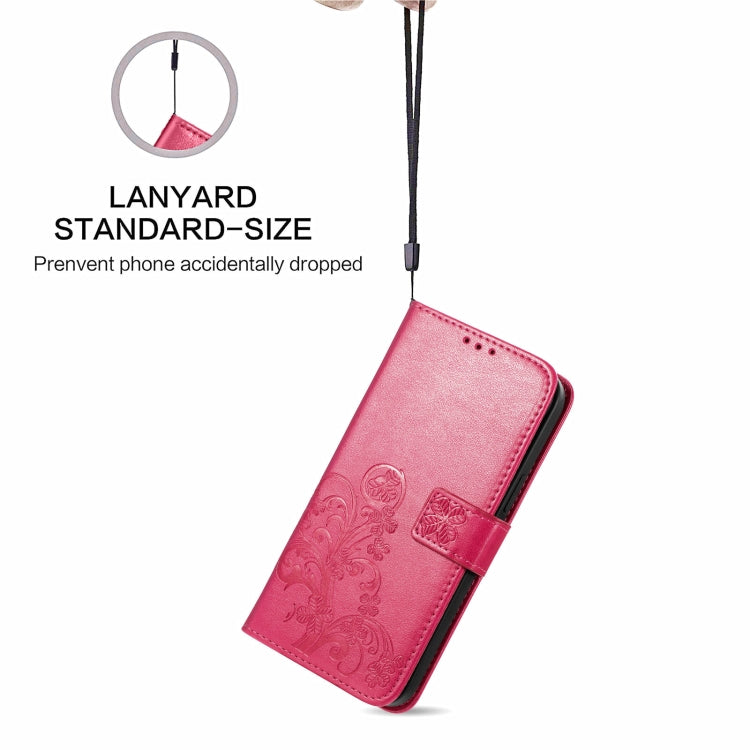 For Samsung Galaxy A22 5G Four-leaf Clasp Embossed Buckle Mobile Phone Protection Leather Case with Lanyard & Card Slot & Wallet & Bracket Function