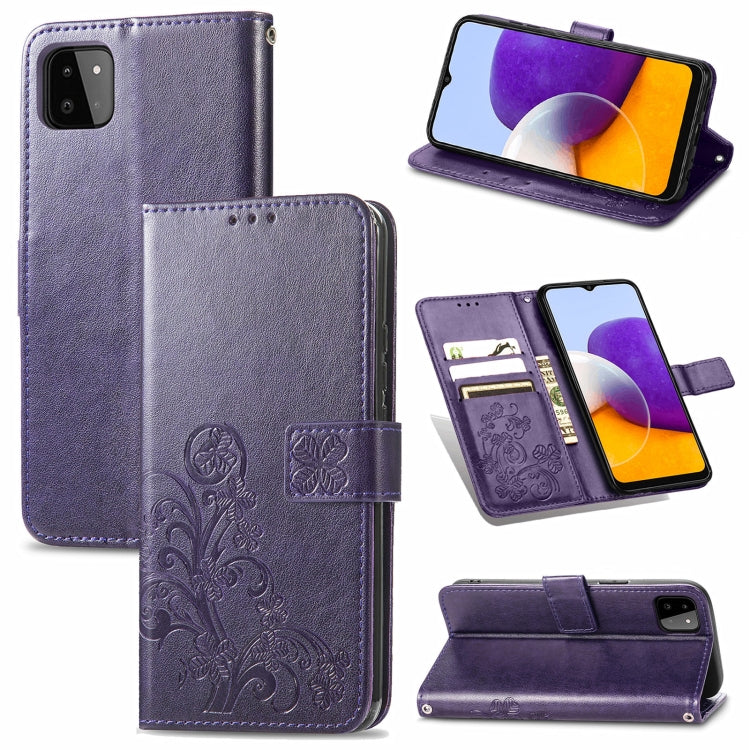 For Samsung Galaxy A22 5G Four-leaf Clasp Embossed Buckle Mobile Phone Protection Leather Case with Lanyard & Card Slot & Wallet & Bracket Function
