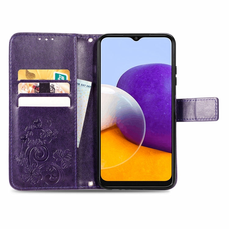 For Samsung Galaxy A22 5G Four-leaf Clasp Embossed Buckle Mobile Phone Protection Leather Case with Lanyard & Card Slot & Wallet & Bracket Function