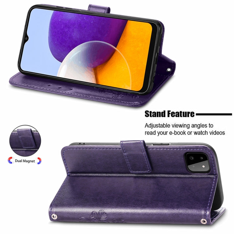 For Samsung Galaxy A22 5G Four-leaf Clasp Embossed Buckle Mobile Phone Protection Leather Case with Lanyard & Card Slot & Wallet & Bracket Function