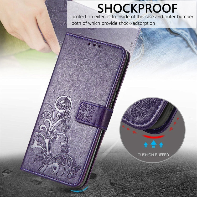 For Samsung Galaxy A22 5G Four-leaf Clasp Embossed Buckle Mobile Phone Protection Leather Case with Lanyard & Card Slot & Wallet & Bracket Function