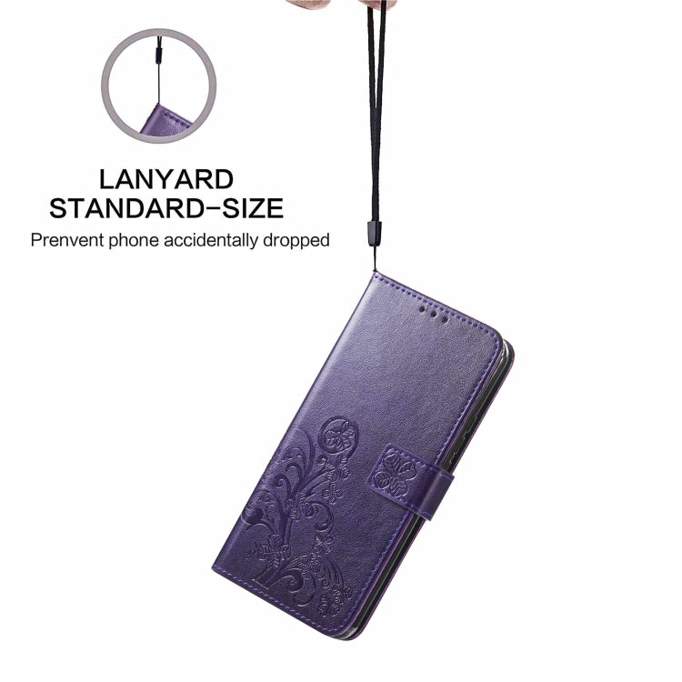 For Samsung Galaxy A22 5G Four-leaf Clasp Embossed Buckle Mobile Phone Protection Leather Case with Lanyard & Card Slot & Wallet & Bracket Function