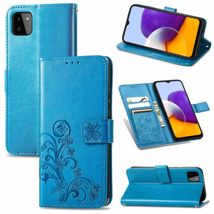 For Samsung Galaxy A22 5G Four-leaf Clasp Embossed Buckle Mobile Phone Protection Leather Case with Lanyard & Card Slot & Wallet & Bracket Function