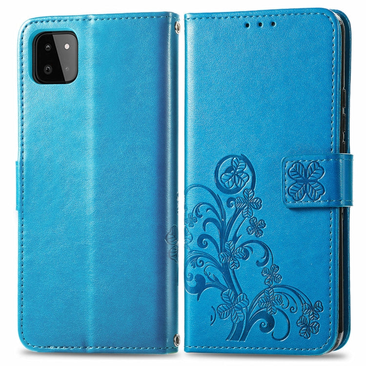 For Samsung Galaxy A22 5G Four-leaf Clasp Embossed Buckle Mobile Phone Protection Leather Case with Lanyard & Card Slot & Wallet & Bracket Function