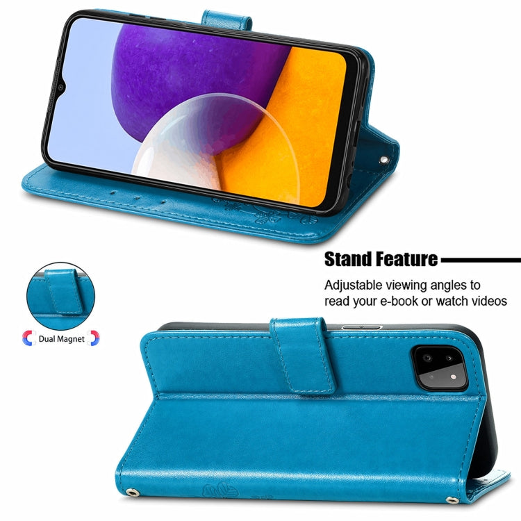 For Samsung Galaxy A22 5G Four-leaf Clasp Embossed Buckle Mobile Phone Protection Leather Case with Lanyard & Card Slot & Wallet & Bracket Function