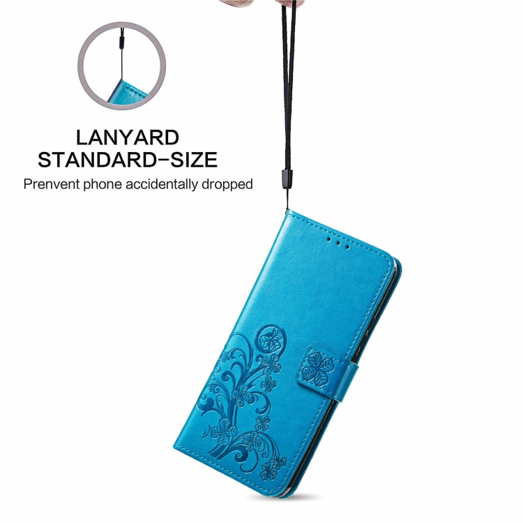 For Samsung Galaxy A22 5G Four-leaf Clasp Embossed Buckle Mobile Phone Protection Leather Case with Lanyard & Card Slot & Wallet & Bracket Function