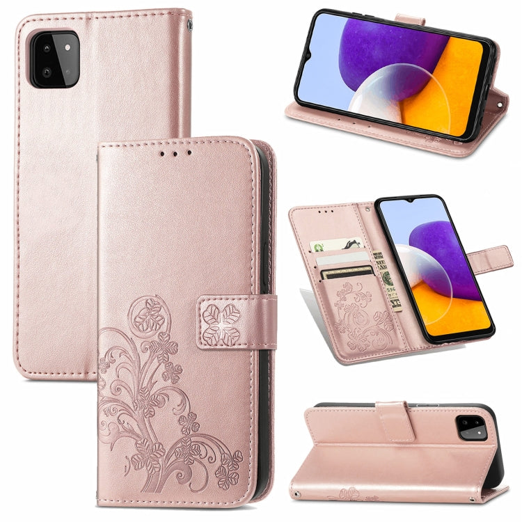 For Samsung Galaxy A22 4G Four-leaf Clasp Embossed Buckle Mobile Phone Protection Leather Case with Lanyard & Card Slot & Wallet & Bracket Function