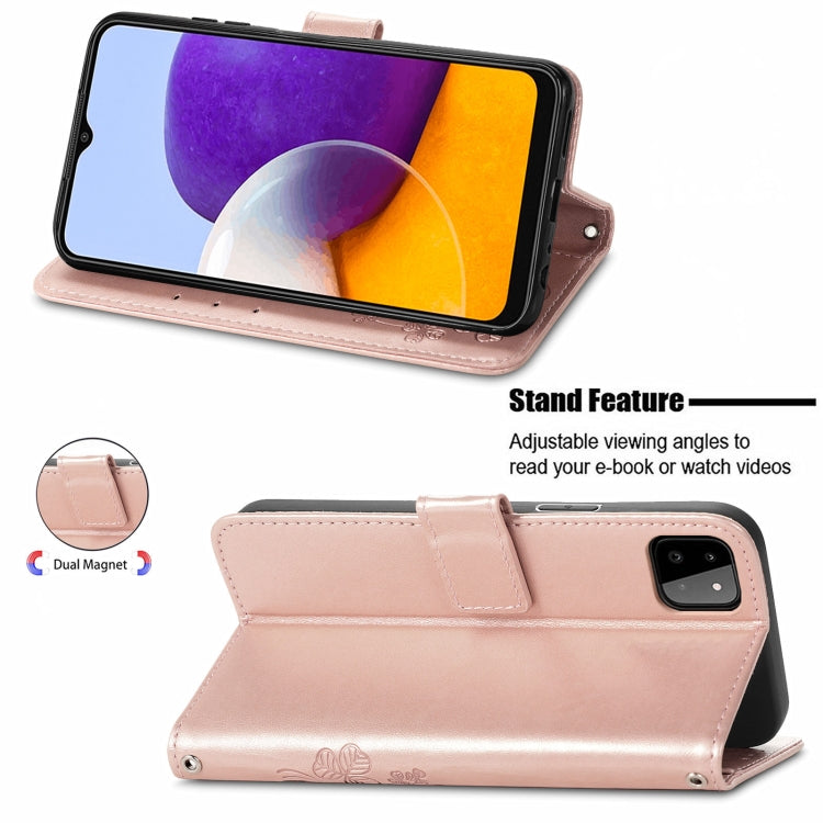 For Samsung Galaxy A22 4G Four-leaf Clasp Embossed Buckle Mobile Phone Protection Leather Case with Lanyard & Card Slot & Wallet & Bracket Function