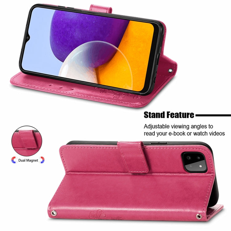 For Samsung Galaxy A22 4G Four-leaf Clasp Embossed Buckle Mobile Phone Protection Leather Case with Lanyard & Card Slot & Wallet & Bracket Function