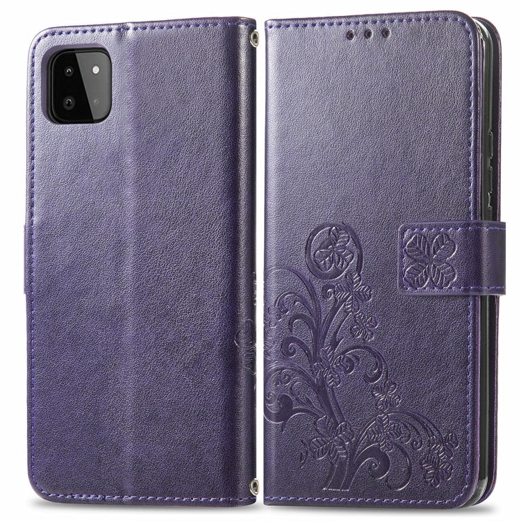 For Samsung Galaxy A22 4G Four-leaf Clasp Embossed Buckle Mobile Phone Protection Leather Case with Lanyard & Card Slot & Wallet & Bracket Function