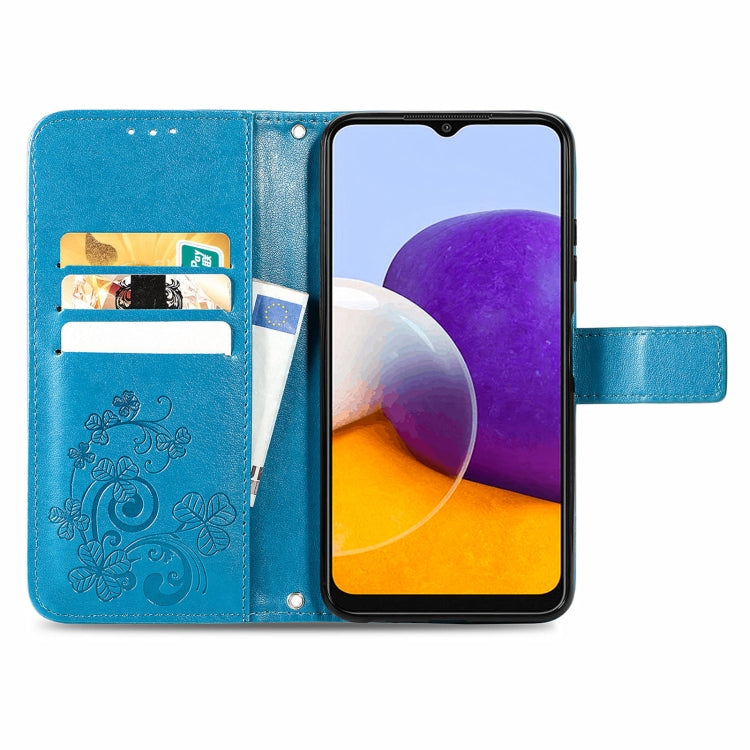 For Samsung Galaxy A22 4G Four-leaf Clasp Embossed Buckle Mobile Phone Protection Leather Case with Lanyard & Card Slot & Wallet & Bracket Function