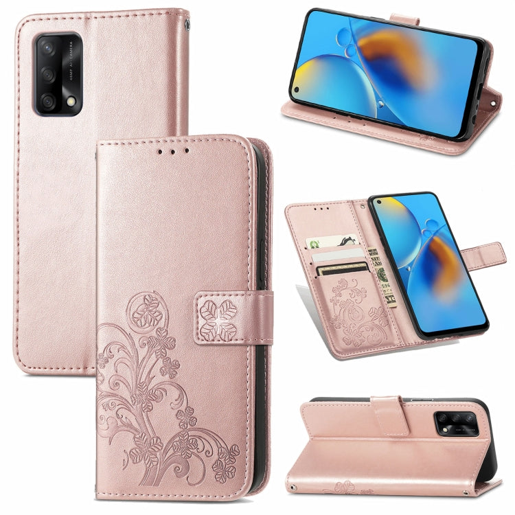 For OPPO F19 Four-leaf Clasp Embossed Buckle Mobile Phone Protection Leather Case with Lanyard & Card Slot & Wallet & Bracket Function