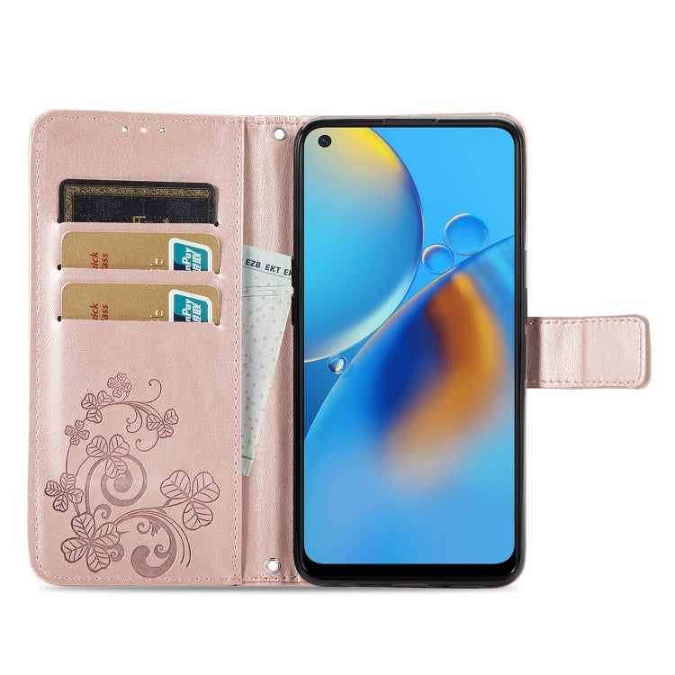 For OPPO F19 Four-leaf Clasp Embossed Buckle Mobile Phone Protection Leather Case with Lanyard & Card Slot & Wallet & Bracket Function