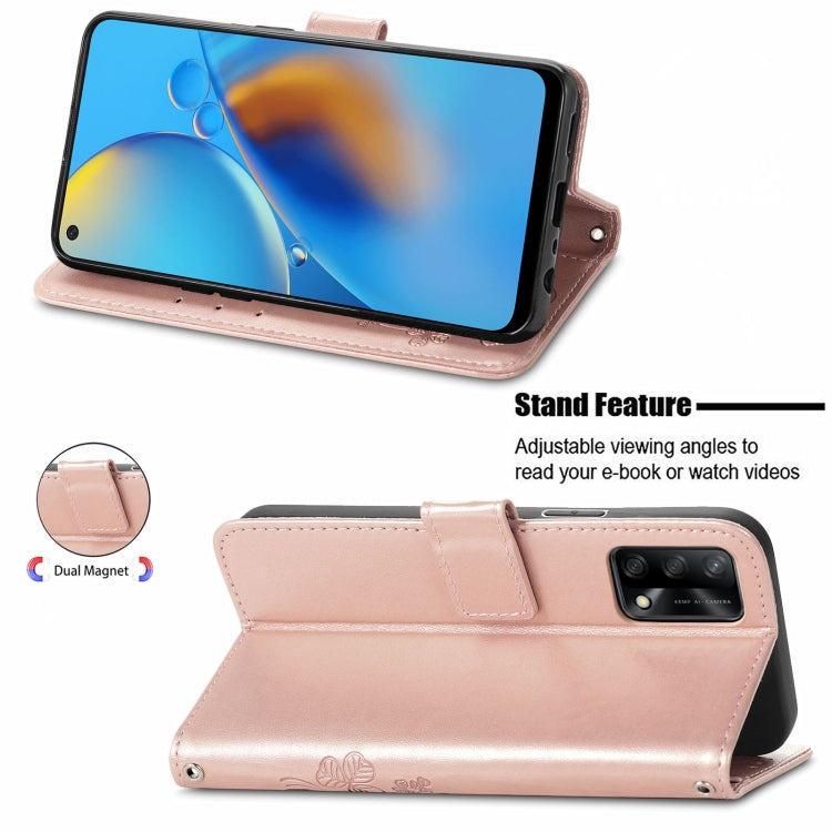For OPPO F19 Four-leaf Clasp Embossed Buckle Mobile Phone Protection Leather Case with Lanyard & Card Slot & Wallet & Bracket Function