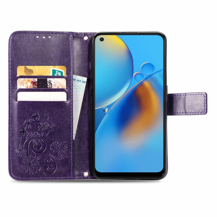 For OPPO F19 Four-leaf Clasp Embossed Buckle Mobile Phone Protection Leather Case with Lanyard & Card Slot & Wallet & Bracket Function