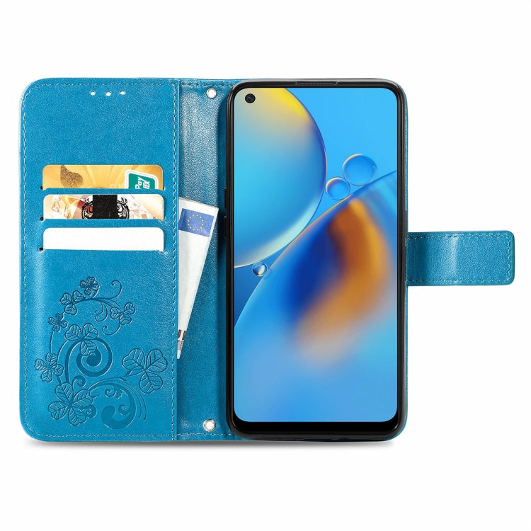 For OPPO F19 Four-leaf Clasp Embossed Buckle Mobile Phone Protection Leather Case with Lanyard & Card Slot & Wallet & Bracket Function