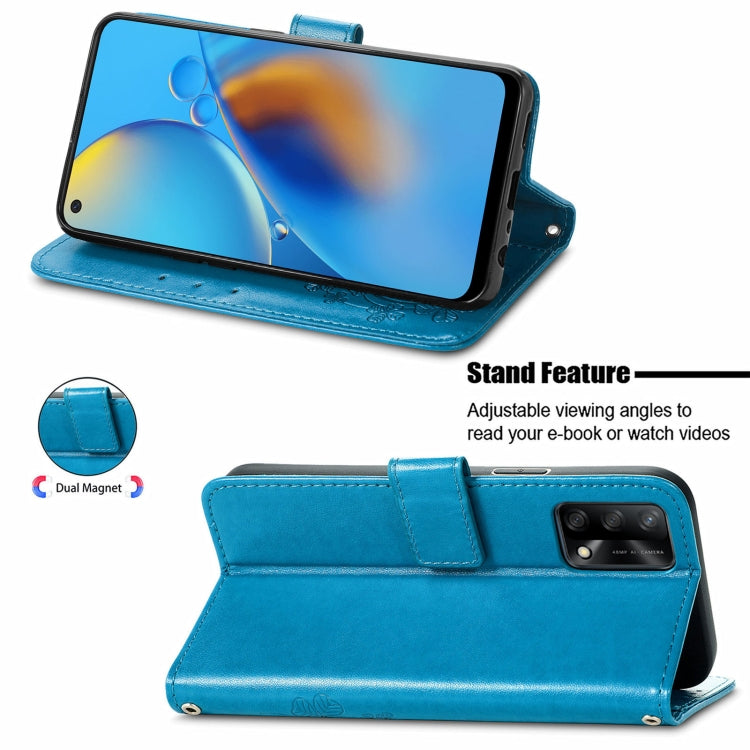 For OPPO F19 Four-leaf Clasp Embossed Buckle Mobile Phone Protection Leather Case with Lanyard & Card Slot & Wallet & Bracket Function