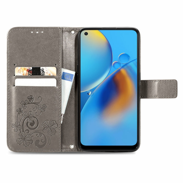 For OPPO F19 Four-leaf Clasp Embossed Buckle Mobile Phone Protection Leather Case with Lanyard & Card Slot & Wallet & Bracket Function