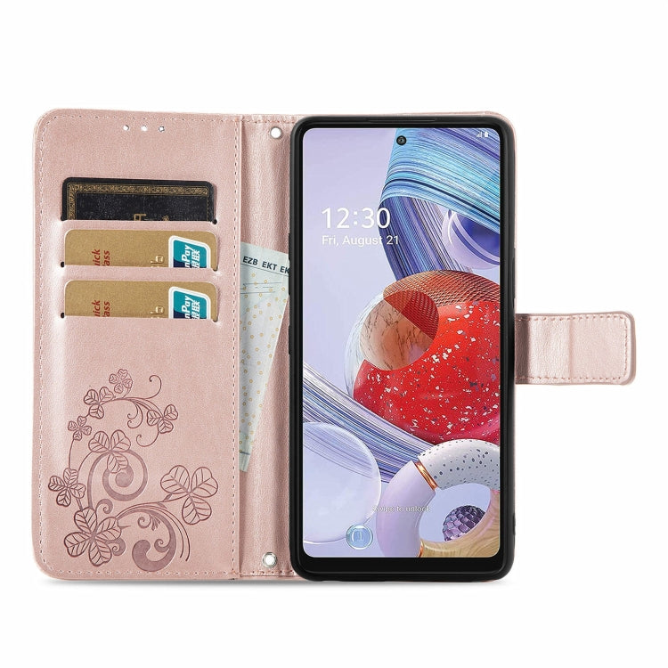 For LG Stylo 7 4G Four-leaf Clasp Embossed Buckle Mobile Phone Protection Leather Case with Lanyard & Card Slot & Wallet & Bracket Function