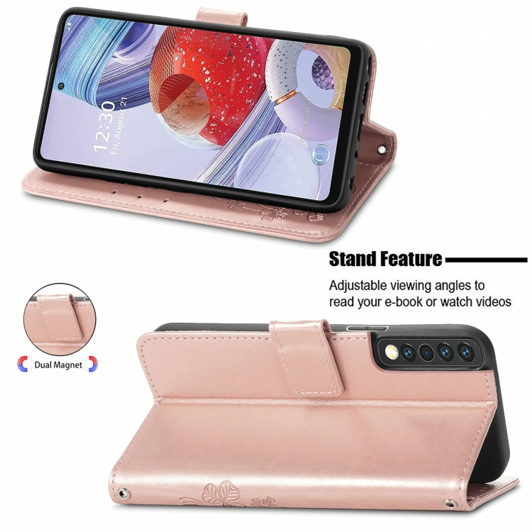 For LG Stylo 7 4G Four-leaf Clasp Embossed Buckle Mobile Phone Protection Leather Case with Lanyard & Card Slot & Wallet & Bracket Function
