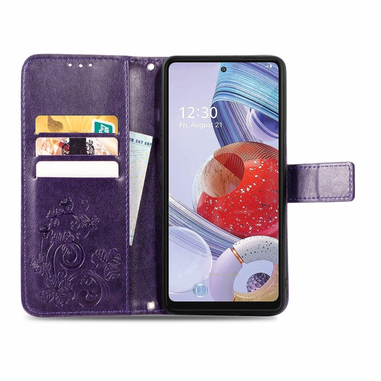 For LG Stylo 7 4G Four-leaf Clasp Embossed Buckle Mobile Phone Protection Leather Case with Lanyard & Card Slot & Wallet & Bracket Function
