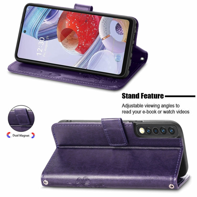 For LG Stylo 7 4G Four-leaf Clasp Embossed Buckle Mobile Phone Protection Leather Case with Lanyard & Card Slot & Wallet & Bracket Function