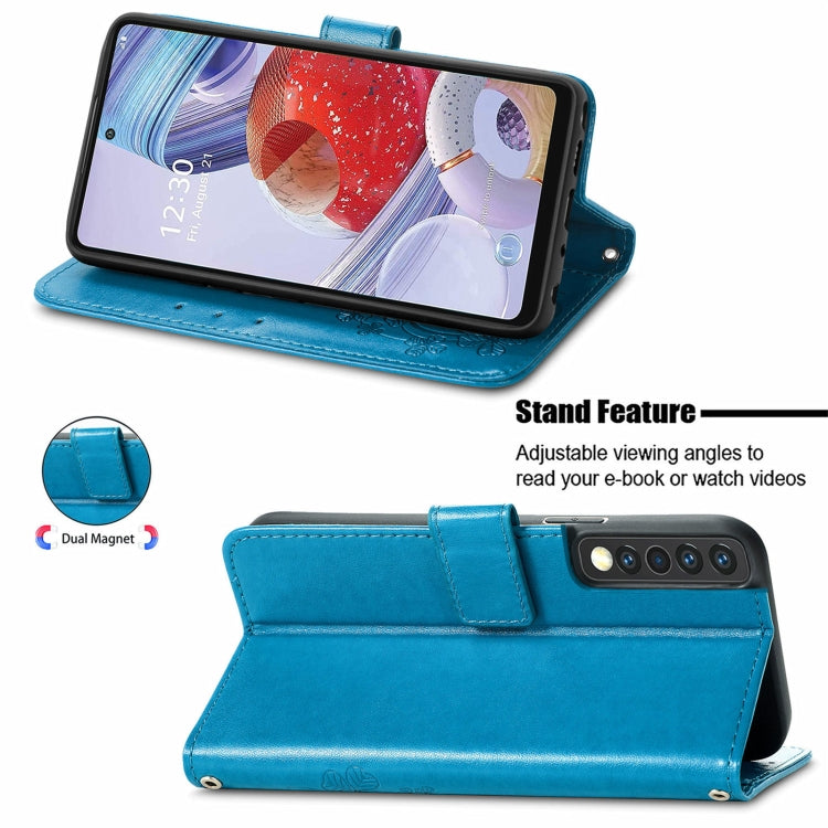 For LG Stylo 7 4G Four-leaf Clasp Embossed Buckle Mobile Phone Protection Leather Case with Lanyard & Card Slot & Wallet & Bracket Function