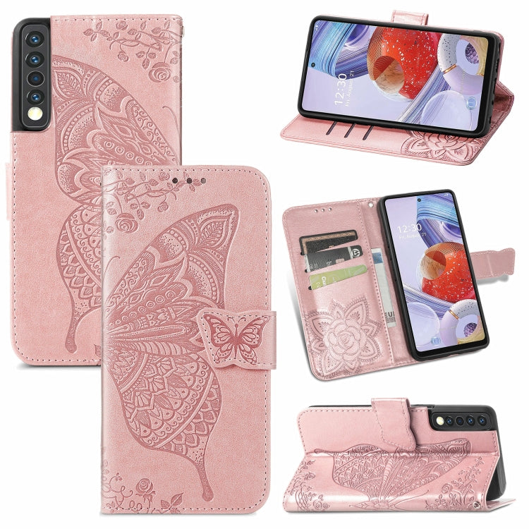 For LG Stylo 7 4G Butterfly Love Flower Embossed Horizontal Flip Leather Case with Bracket / Card Slot / Wallet / Lanyard