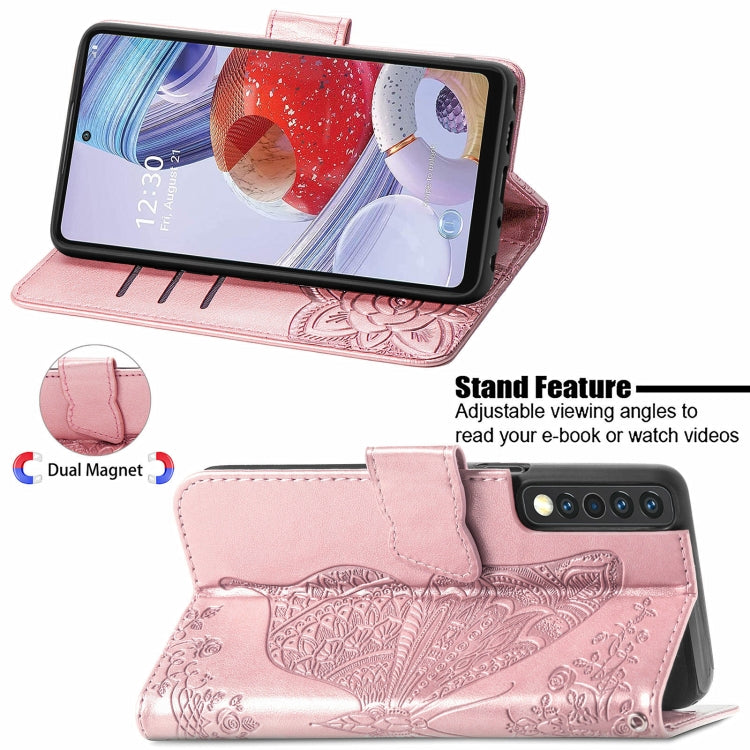 For LG Stylo 7 4G Butterfly Love Flower Embossed Horizontal Flip Leather Case with Bracket / Card Slot / Wallet / Lanyard