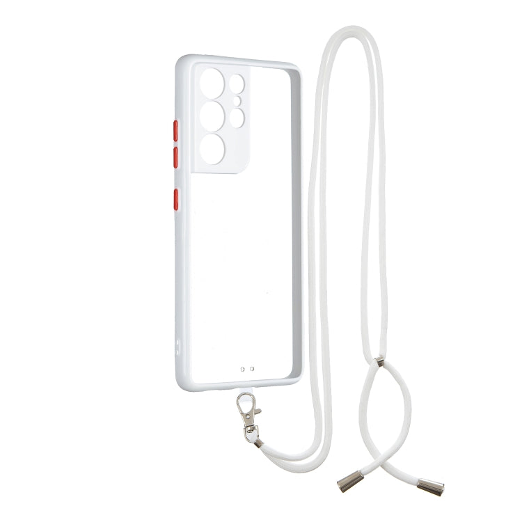Transparent PC+TPU Phone Case with Contrast Color Button & Neck Lanyard For Samsung Galaxy S21 Ultra 5G