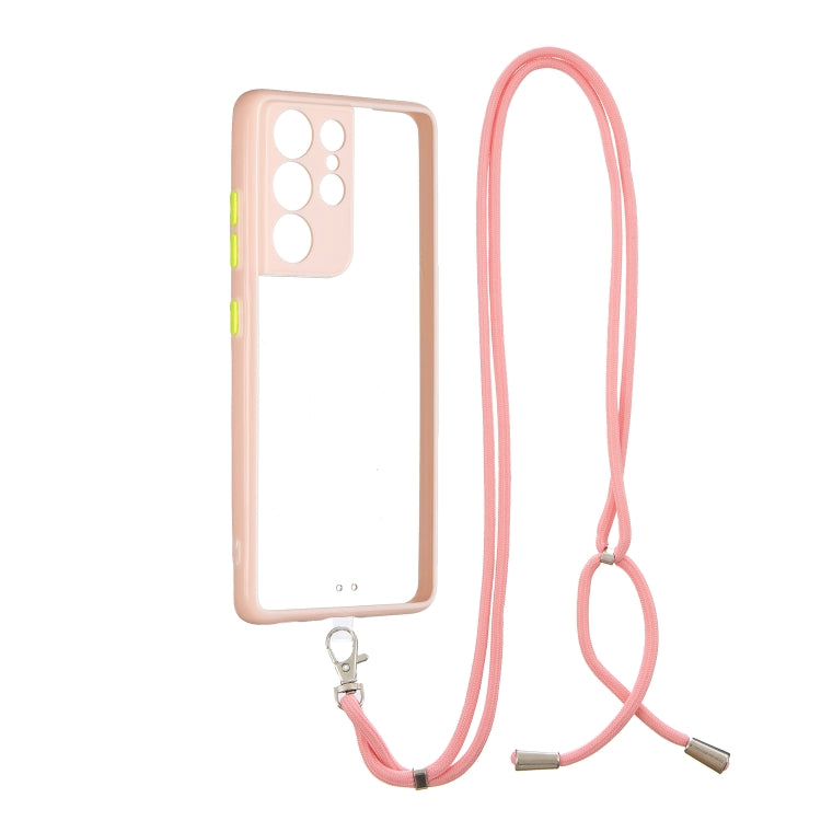 Transparent PC+TPU Phone Case with Contrast Color Button & Neck Lanyard For Samsung Galaxy S21 Ultra 5G