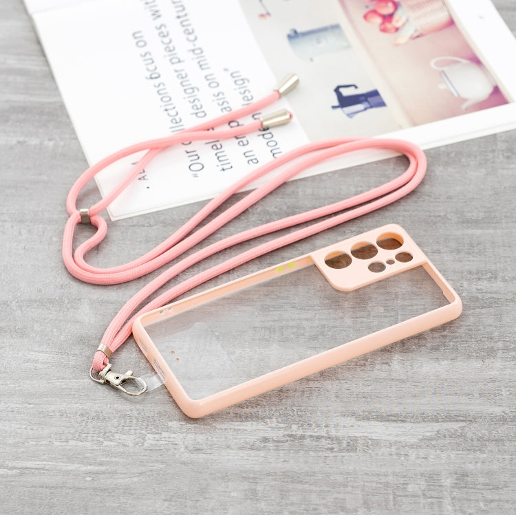 Transparent PC+TPU Phone Case with Contrast Color Button & Neck Lanyard For Samsung Galaxy S21 Ultra 5G