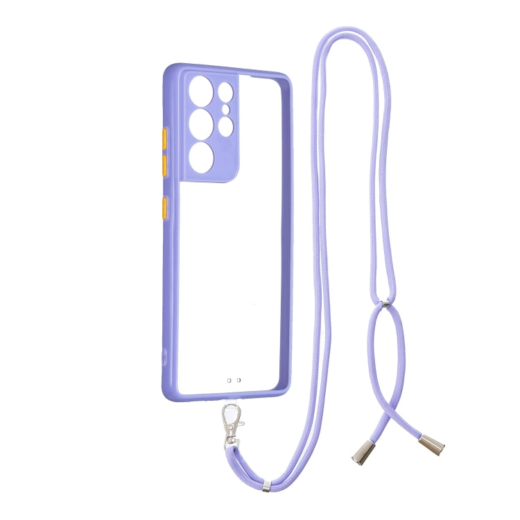 Transparent PC+TPU Phone Case with Contrast Color Button & Neck Lanyard For Samsung Galaxy S21 Ultra 5G