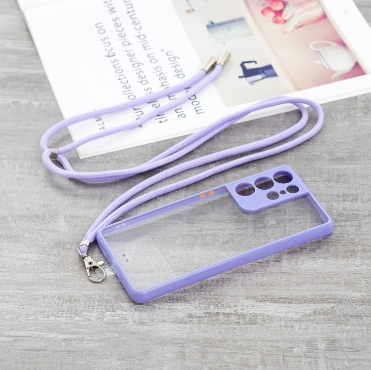 Transparent PC+TPU Phone Case with Contrast Color Button & Neck Lanyard For Samsung Galaxy S21 Ultra 5G