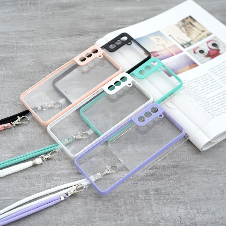 Transparent PC+TPU Phone Case with Contrast Color Button & Neck Lanyard For Samsung Galaxy S21 Ultra 5G