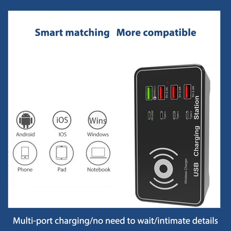 A7 High-power 100W 4 x PD 20W + QC3.0 USB Charger +15W Qi Wireless Charger Multi-port Smart Charger Station, Plug Size:AU Plug