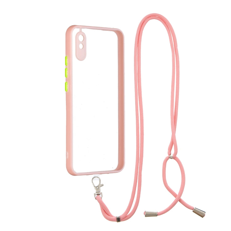 For Xiaomi Redmi 9A/9i Transparent PC+TPU Phone Case with Contrast Color Button & Neck Lanyard
