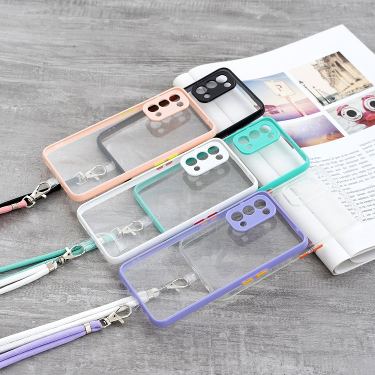 For OPPO Realme 5 / 5i /  5S Transparent PC+TPU Phone Case with Contrast Color Button & Neck Lanyard