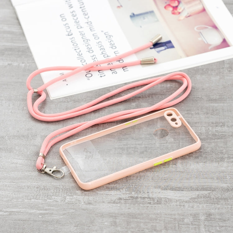 For OPPO A5S / A7 / A12 / A11K Transparent PC+TPU Phone Case with Contrast Color Button & Neck Lanyard