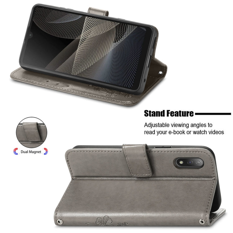 For Sony Xperia Ace II Four-leaf Clasp Embossed Buckle Mobile Phone Protection Leather Case with Lanyard & Card Slot & Wallet & Bracket Function