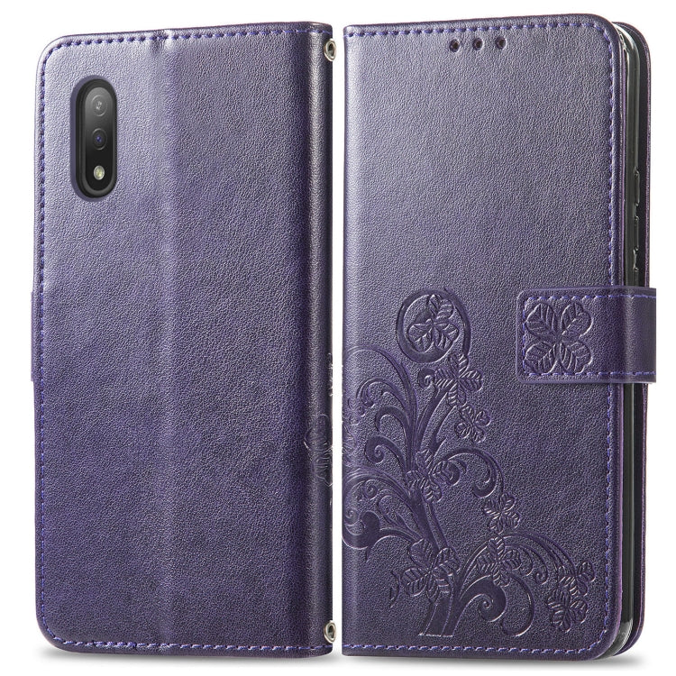 For Sony Xperia Ace II Four-leaf Clasp Embossed Buckle Mobile Phone Protection Leather Case with Lanyard & Card Slot & Wallet & Bracket Function
