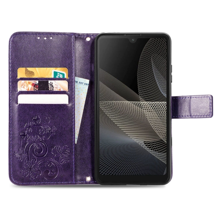 For Sony Xperia Ace II Four-leaf Clasp Embossed Buckle Mobile Phone Protection Leather Case with Lanyard & Card Slot & Wallet & Bracket Function