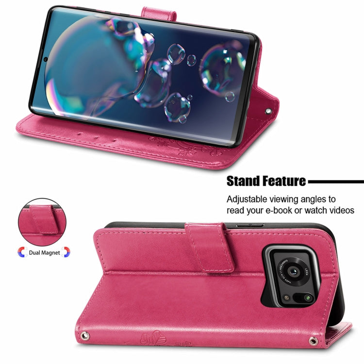 For Sharp R6 Four-leaf Clasp Embossed Buckle Mobile Phone Protection Leather Case with Lanyard & Card Slot & Wallet & Bracket Function