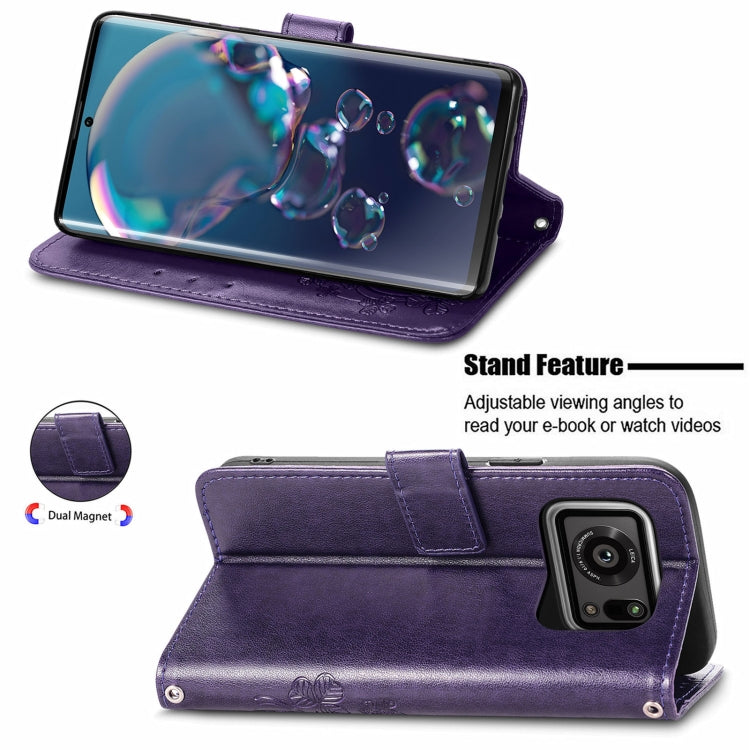 For Sharp R6 Four-leaf Clasp Embossed Buckle Mobile Phone Protection Leather Case with Lanyard & Card Slot & Wallet & Bracket Function