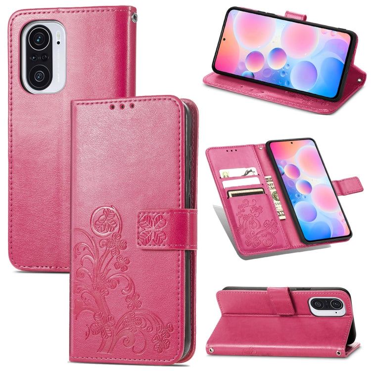 For Xiaomi Redmi K40 / K40 Pro Four-leaf Clasp Embossed Buckle Mobile Phone Protection Leather Case with Lanyard & Card Slot & Wallet & Bracket Function