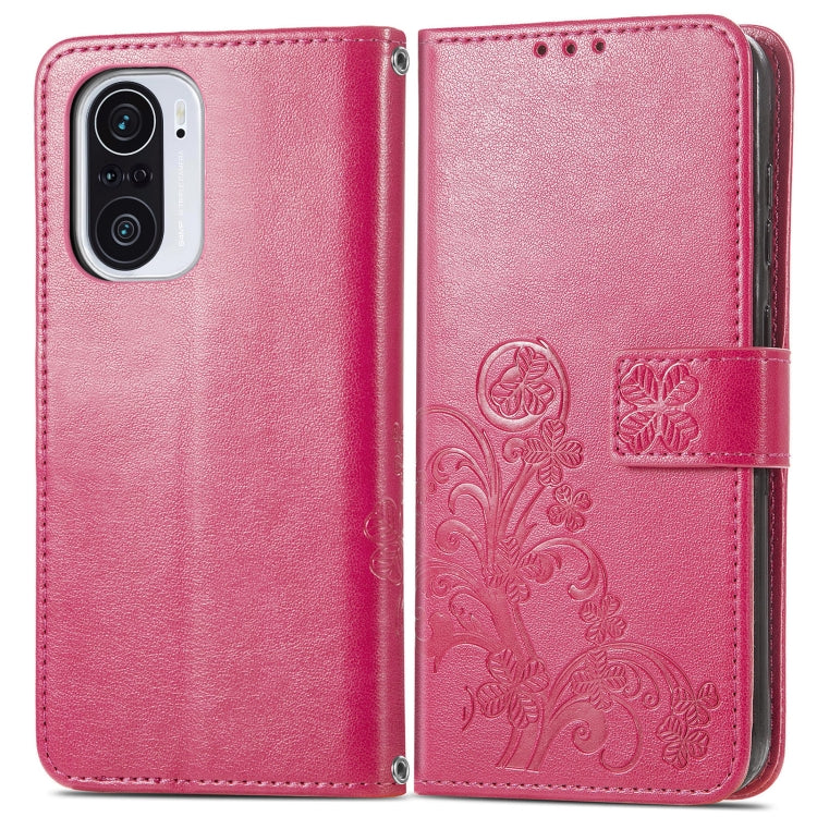 For Xiaomi Redmi K40 / K40 Pro Four-leaf Clasp Embossed Buckle Mobile Phone Protection Leather Case with Lanyard & Card Slot & Wallet & Bracket Function