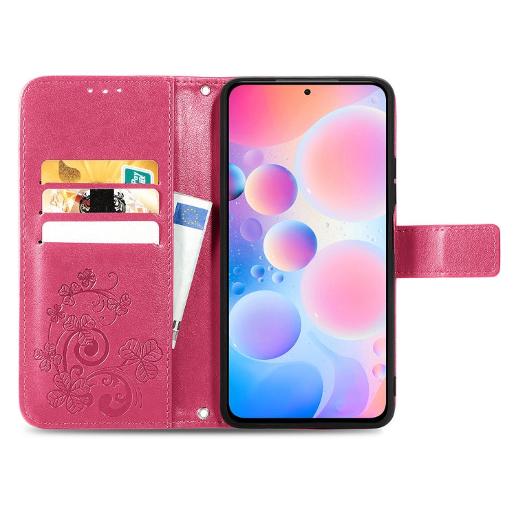 For Xiaomi Redmi K40 / K40 Pro Four-leaf Clasp Embossed Buckle Mobile Phone Protection Leather Case with Lanyard & Card Slot & Wallet & Bracket Function