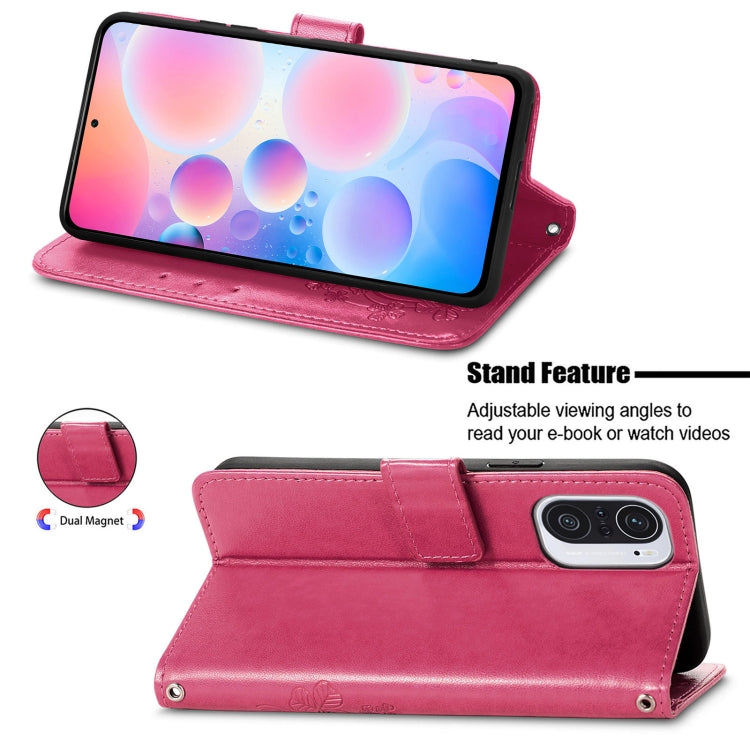 For Xiaomi Redmi K40 / K40 Pro Four-leaf Clasp Embossed Buckle Mobile Phone Protection Leather Case with Lanyard & Card Slot & Wallet & Bracket Function
